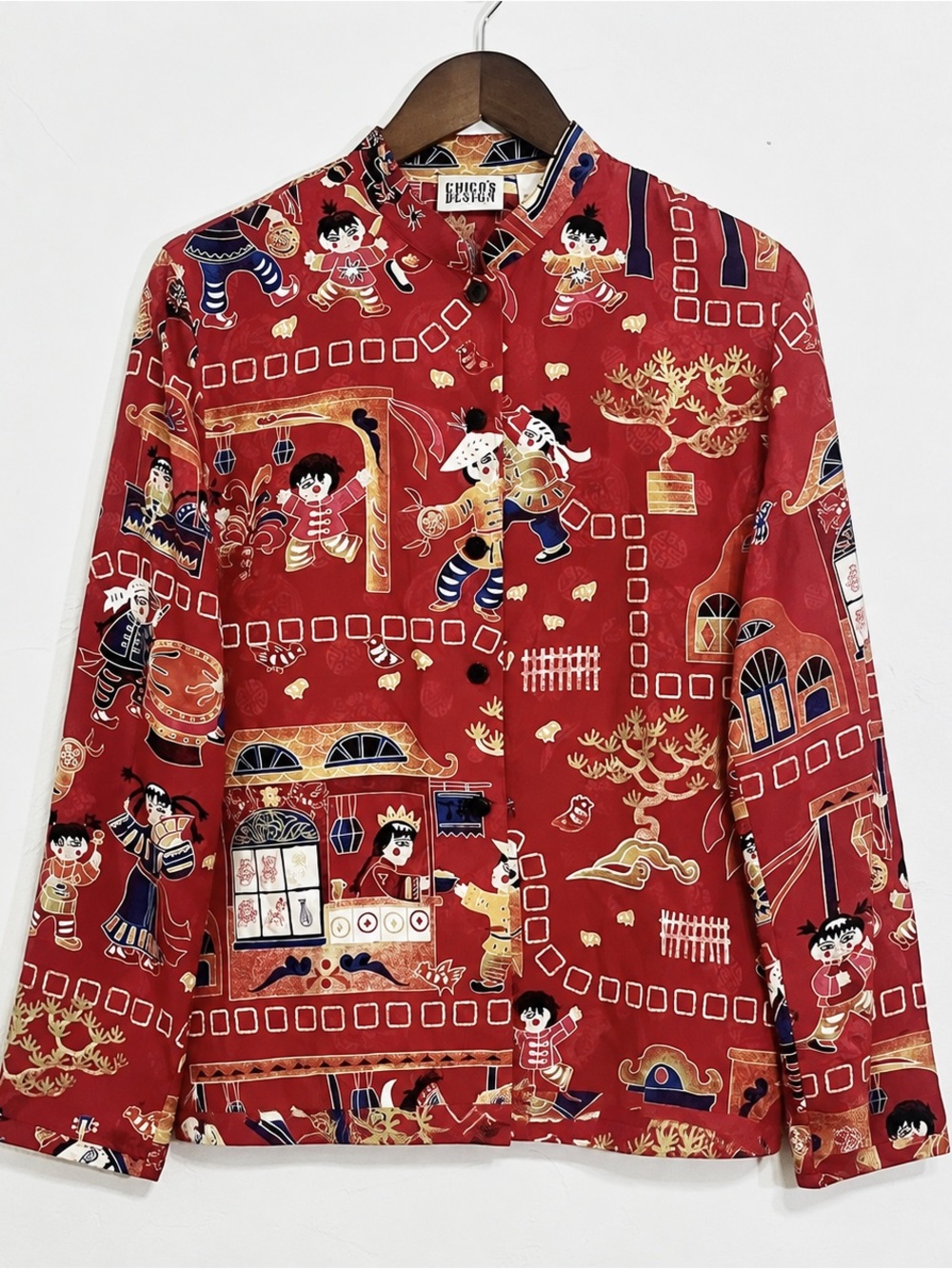 Vintage 90s Chico’s 100% Silk Asian Novelty Print Blouse Red